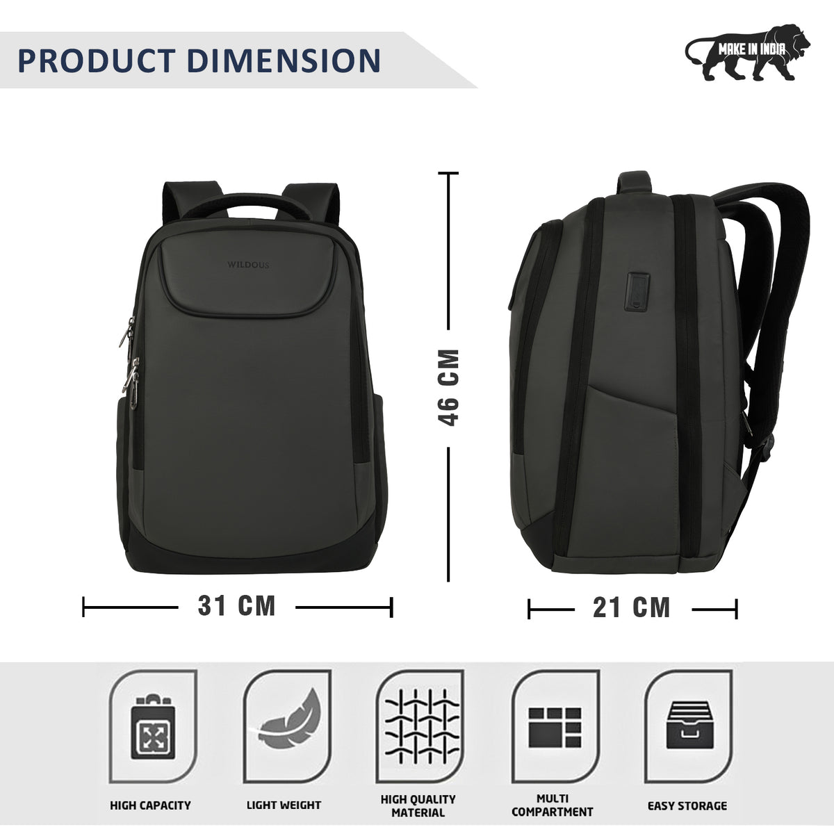 Wildous Voltra Premium Laptop Backpack | 30 L | 3 Compartments Black