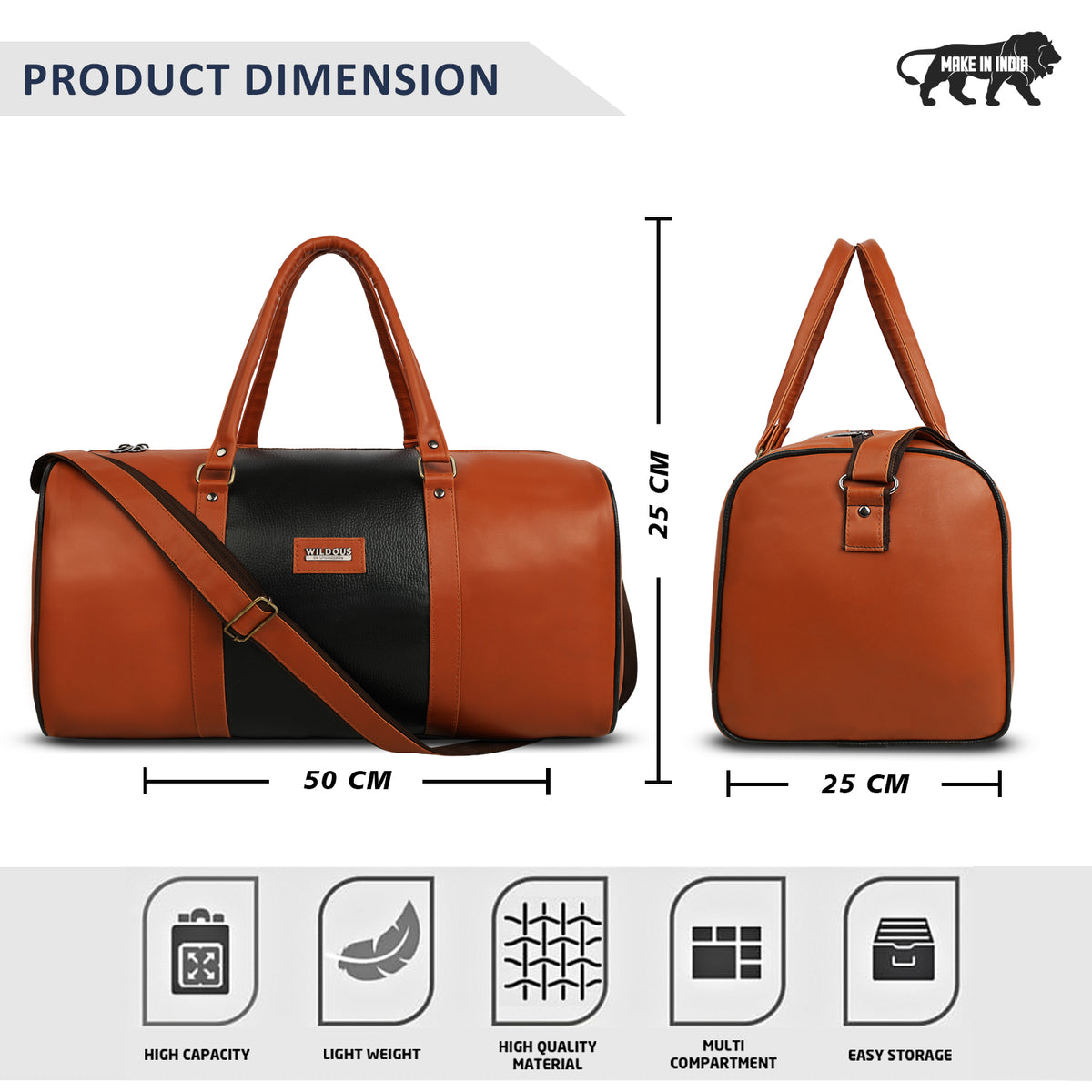 Wildous Orin 31 Litre Spacious Duffle Bag | Travel & Gym Bag Brown & Tan