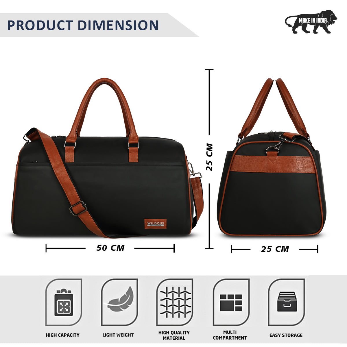 Wildous Ridge Premium Duffle Bag | Spacious Travel & Gym Bag Black